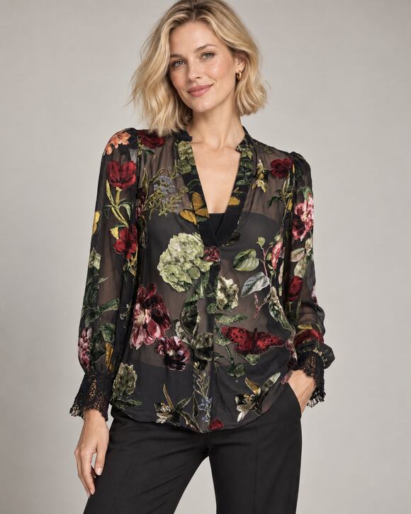 Alice + Olivia Tops - Alice + Olivia Sheer Floral Velvet Burnout Blouse Size XS
